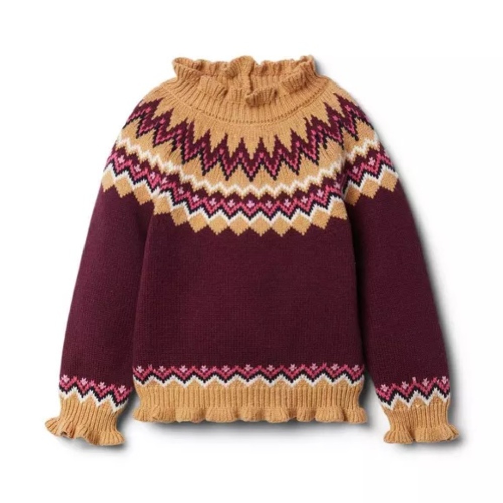 Janie and Jack Burgundy and Fair Isle Ruffle Trim Sweater